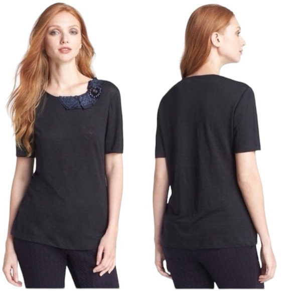 NWT Tory Burch Marcella Embellished Black / Navy Linen Tee
